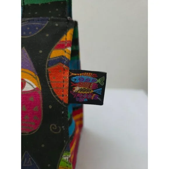 Laurel Burch Multicolor Cat Gato Pattern Canvas Mini Handbag With Wooden Handles - Picture 6 of 10